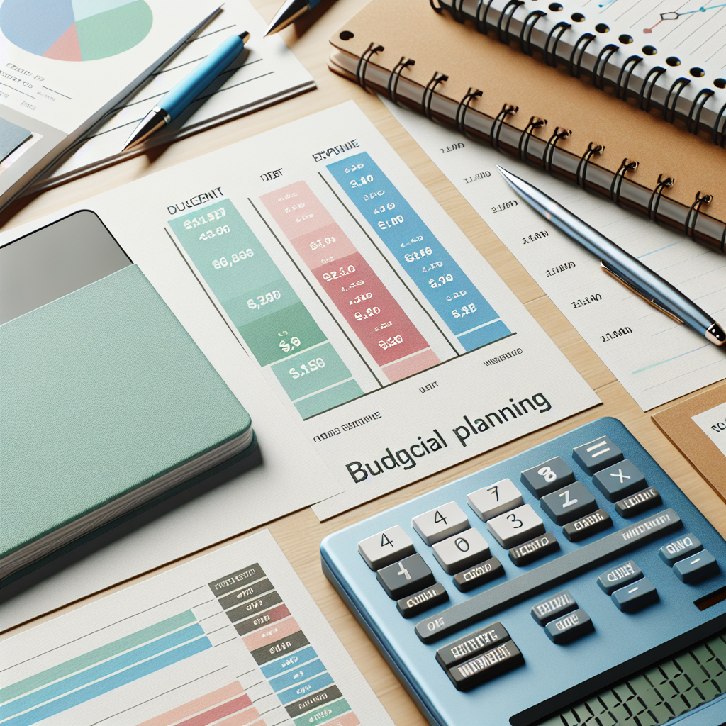Close-up of financial planning materials including calculator, color coded budget charts, and annotated debt repayment timeline laid out on a light wooden meeting table