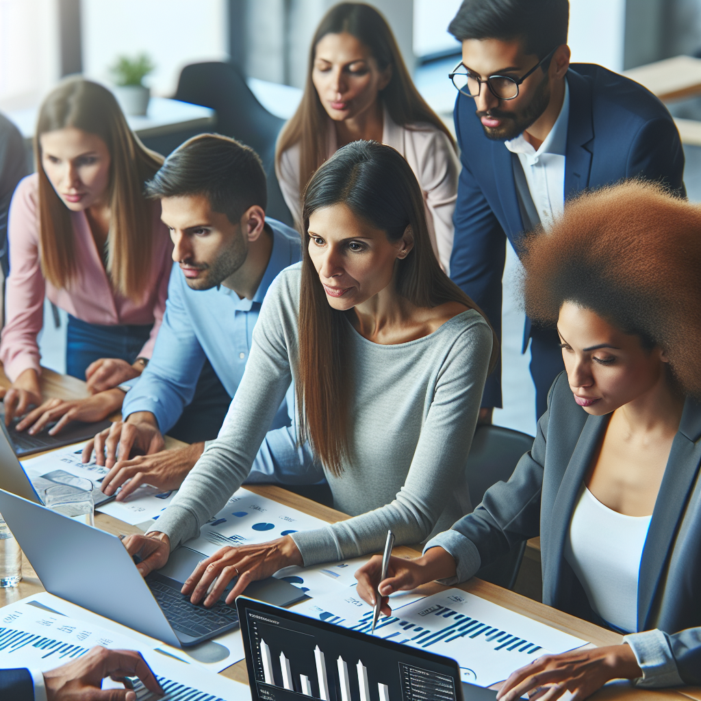 Participants collaborating around laptops while analyzing cash flow projections and creating savings plans under guidance of a young financial trainer