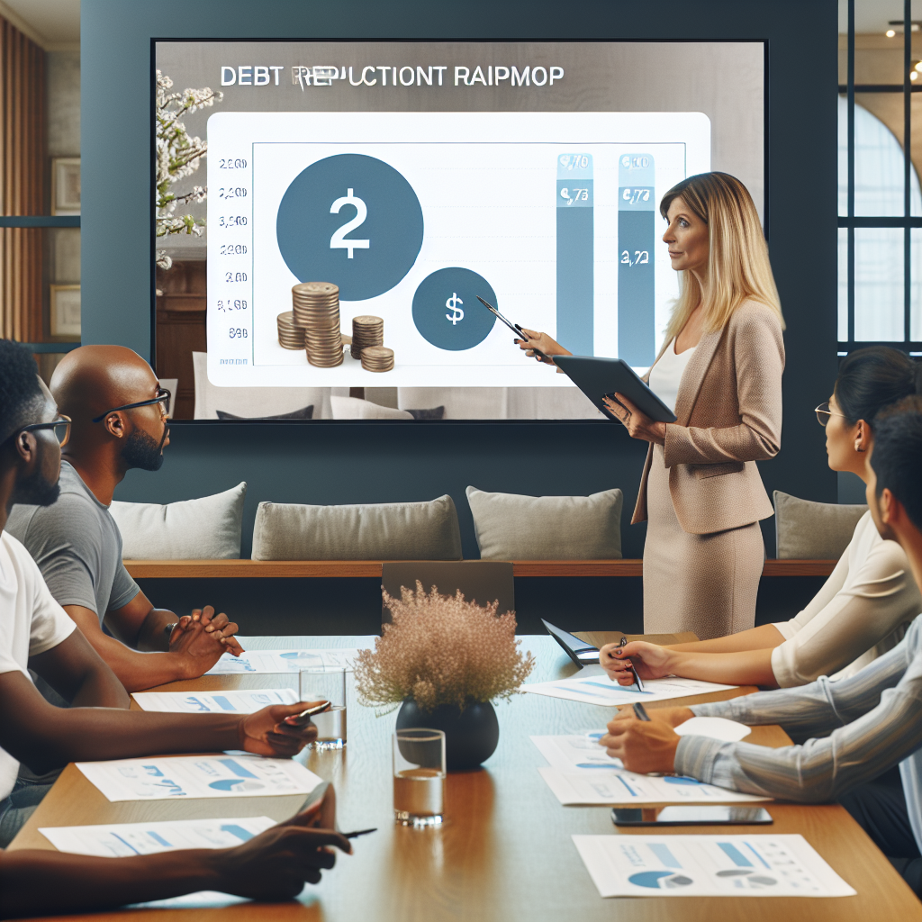 Financial coach presenting debt reduction roadmap on interactive screen while attendees compare repayment scenarios using printed worksheets and digital tablets