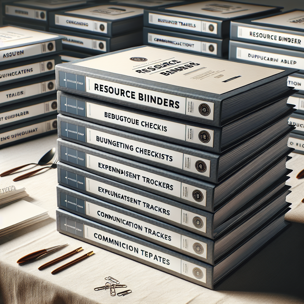 Stack of downloadable resource binders containing budgeting checklists, expenditure trackers, and communication templates prepared for workshop participants on linen white table