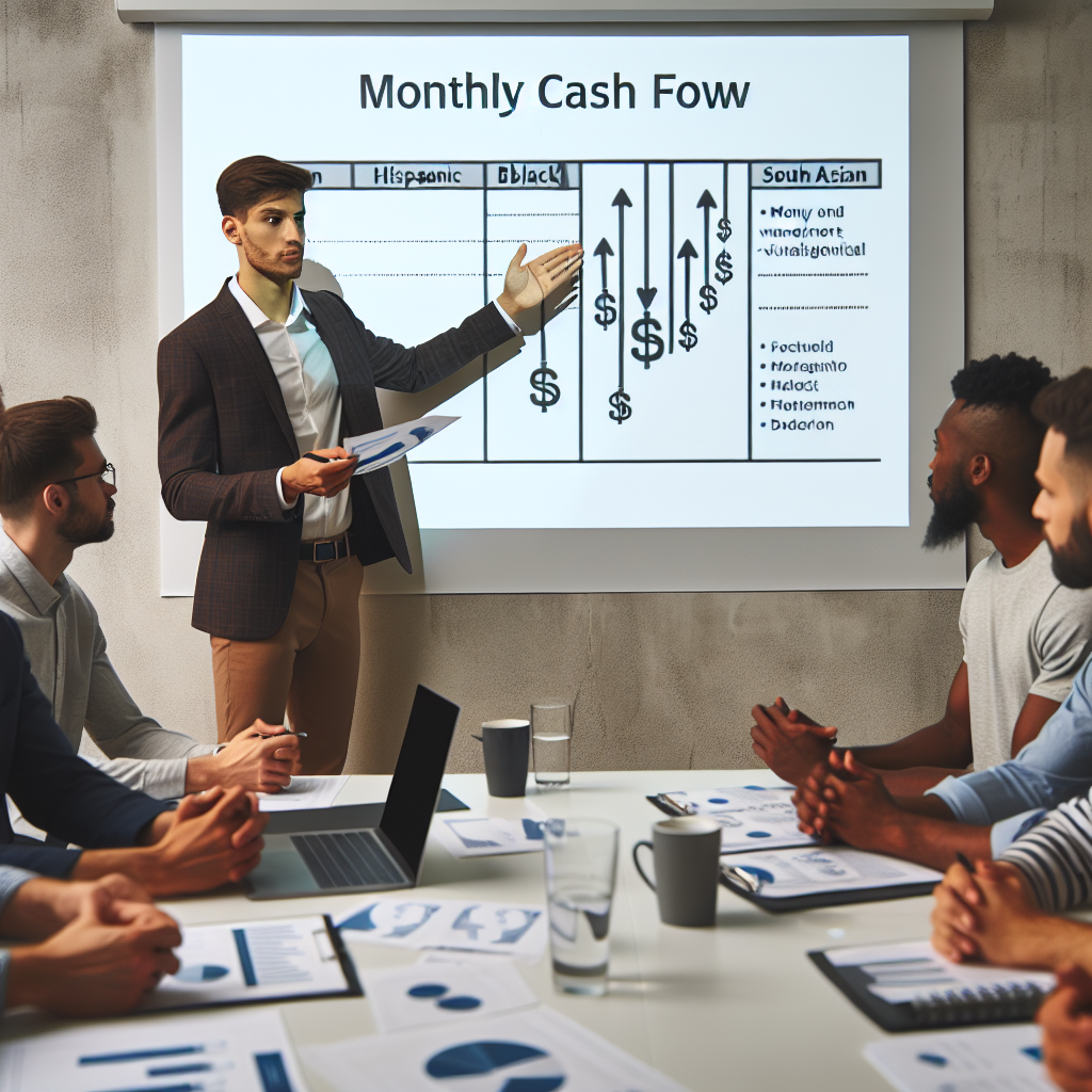 Young professional reviewing monthly cash flow visualization projected on wall during practical group session on money management fundamentals for adults