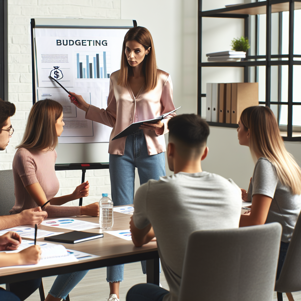 Professional facilitator guiding a small group through personal budgeting exercises with printed worksheets, flip chart notes, and collaborative discussion environment inside a modern training room